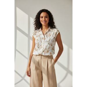 Coldwater Creek Petite Botanical Leaf Print Button-Front Blouse Size PXL